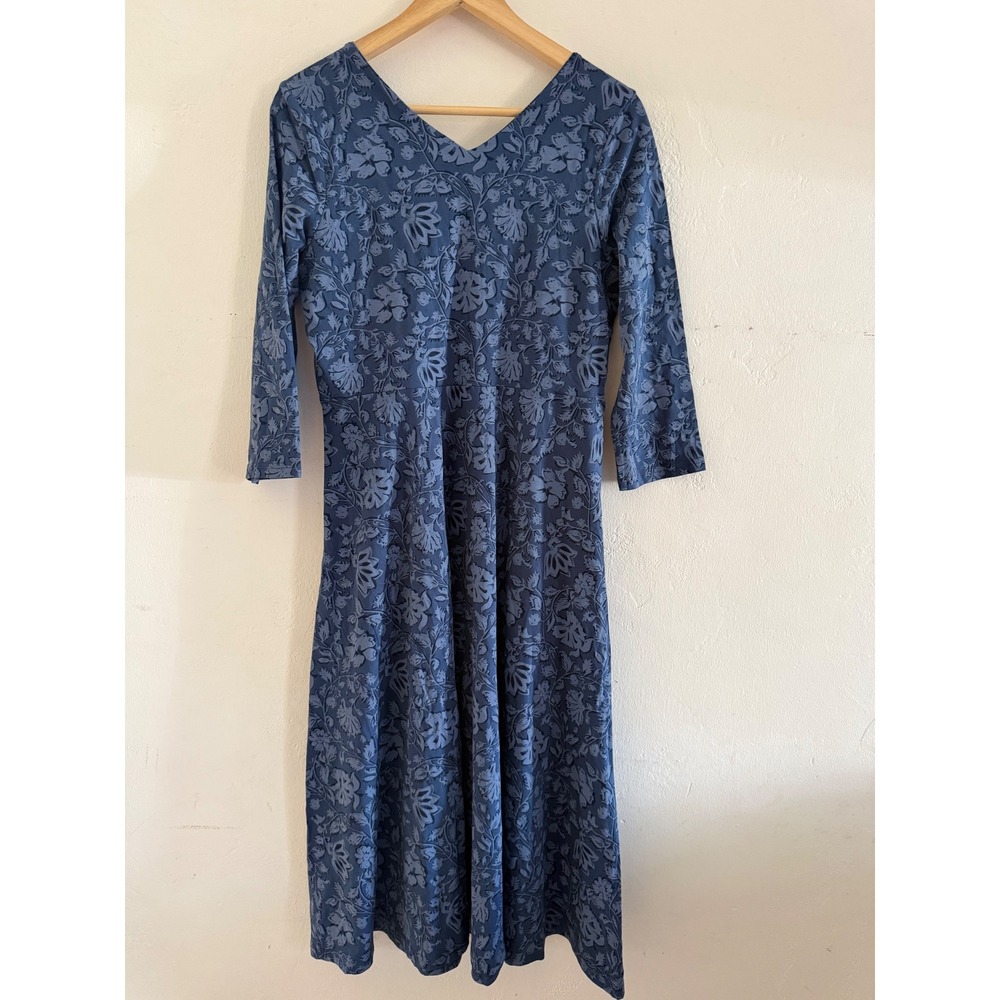Pact Organic Cotton Blue Floral V-Neck Midi A-Line Dress with Pockets Womens M - Picture 3 of 6